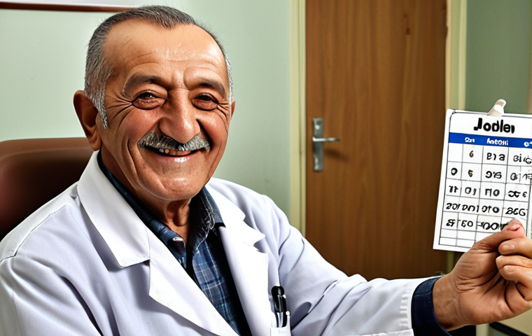 **

Prompt: Elderly Turkish man smiling and holding a prescription bottle of alpha-blockers. He looks relieved. Background is a warm, inviting doctor's office with a calendar showing a follow-up appointment.

**