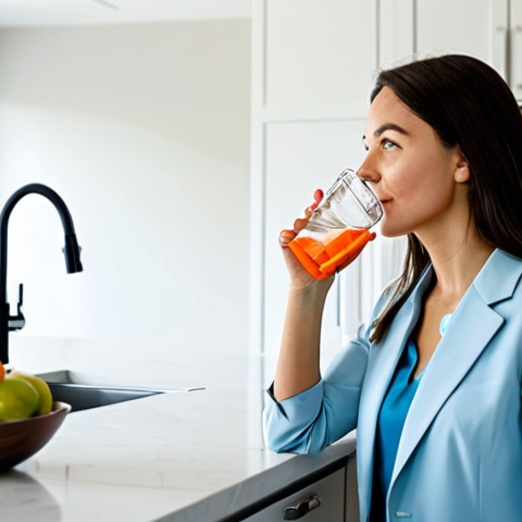 A professional individual, fully clothed in modest, modern attire, thoughtfully drinking a glass of water in a bright, clean kitchen setting. A clear water bottle and a bowl of fresh fruit are visible on the countertop, suggesting a focus on healthy hydration and a balanced lifestyle. The person has perfect anatomy, correct proportions, well-formed hands, and a natural pose. This is a high-quality professional photograph with soft natural lighting, ensuring appropriate content, safe for work, and family-friendly.