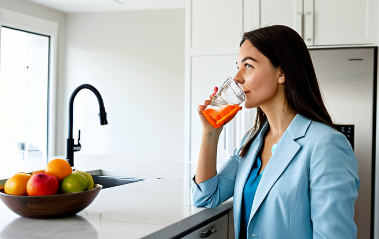 A professional individual, fully clothed in modest, modern attire, thoughtfully drinking a glass of water in a bright, clean kitchen setting. A clear water bottle and a bowl of fresh fruit are visible on the countertop, suggesting a focus on healthy hydration and a balanced lifestyle. The person has perfect anatomy, correct proportions, well-formed hands, and a natural pose. This is a high-quality professional photograph with soft natural lighting, ensuring appropriate content, safe for work, and family-friendly.
