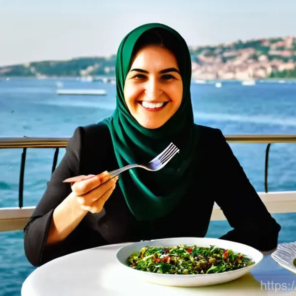 신장결석 완화를 위한 식단 - **Prompt 1: A Turkish woman enjoying a delicious, kidney-friendly meal.**
A vibrant, natural-lig...