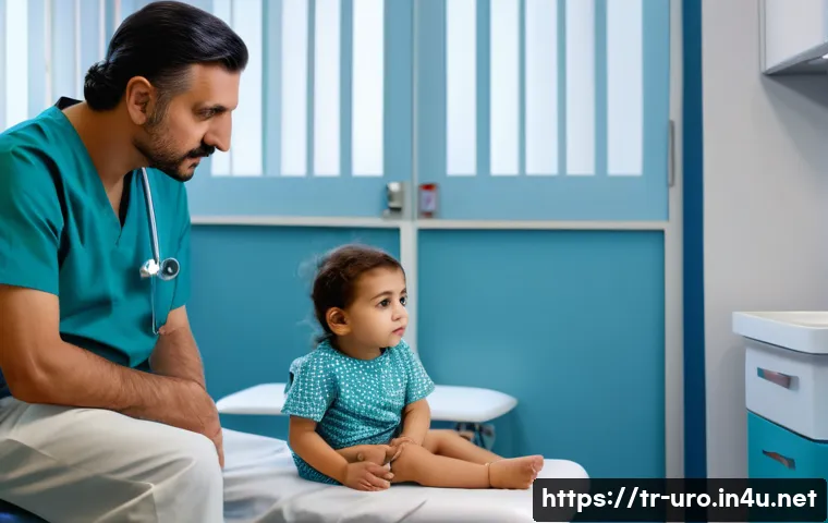 야뇨증 진단을 위한 검사의 종류 - A clinical pediatric examination room scene featuring a Turkish doctor attentively listening to a yo...