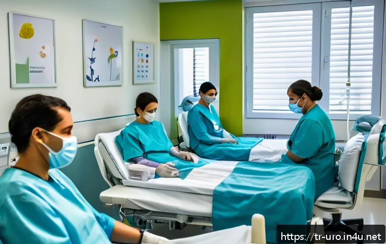 방광암 치료를 위한 최신 약물 비교 - A modern hospital oncology ward in Istanbul, Turkey, showing a diverse group of adult patients recei...