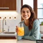 Home 16 방광염 완화를 위한 생활 습관 추천 - A healthy young Turkish woman in a bright, modern kitchen, drinking a large glass of water with a sm...
