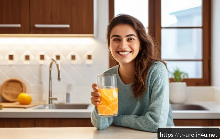 방광염 완화를 위한 생활 습관 추천 - A healthy young Turkish woman in a bright, modern kitchen, drinking a large glass of water with a sm...
