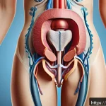Home 20 여성 배뇨통 원인과 치료법 - A detailed medical illustration showing the female urinary tract anatomy with highlighted areas of i...