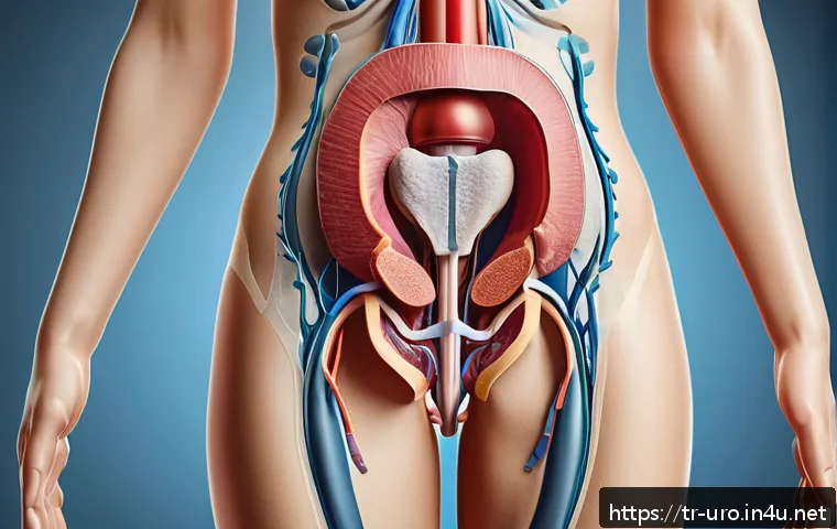 여성 배뇨통 원인과 치료법 - A detailed medical illustration showing the female urinary tract anatomy with highlighted areas of i...