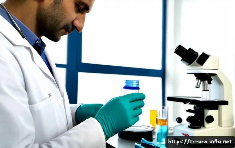 소변 검사로 알 수 있는 질환 - Photorealistic modern Turkish hospital laboratory, close-up of a gloved medical technician examining...