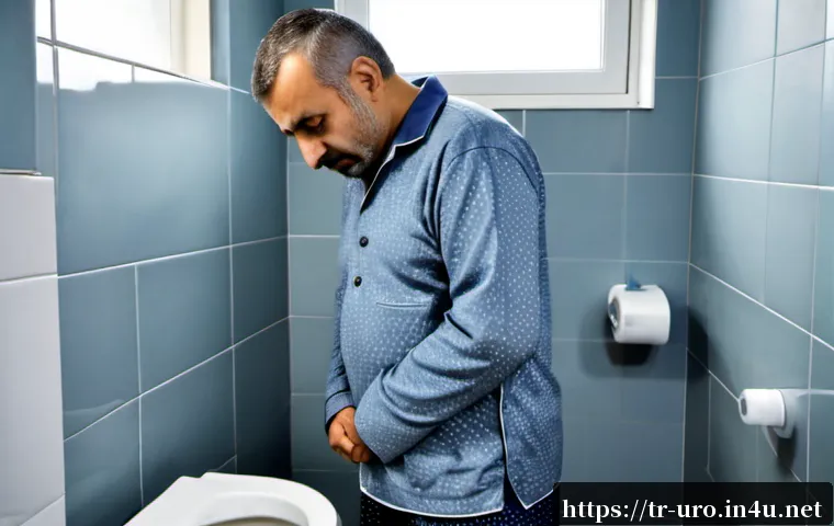 Home 17 소변 잔뇨감 원인과 치료법 - Photorealistic Turkish middle-aged man in modest home bathroom, fully clothed in casual pajamas, sta...
