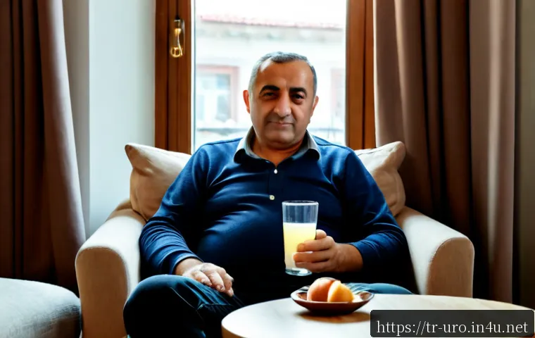 비뇨기 질환으로 인한 피로감 대처법 - Photorealistic middle-aged Turkish man in comfortable casual clothing resting in a bright, tidy Ista...