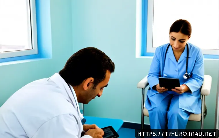 Home 17 방광암 초기 증상과 진단법 - Photorealistic Turkish male patient in his early 60s sitting in a bright modern urology clinic in Is...